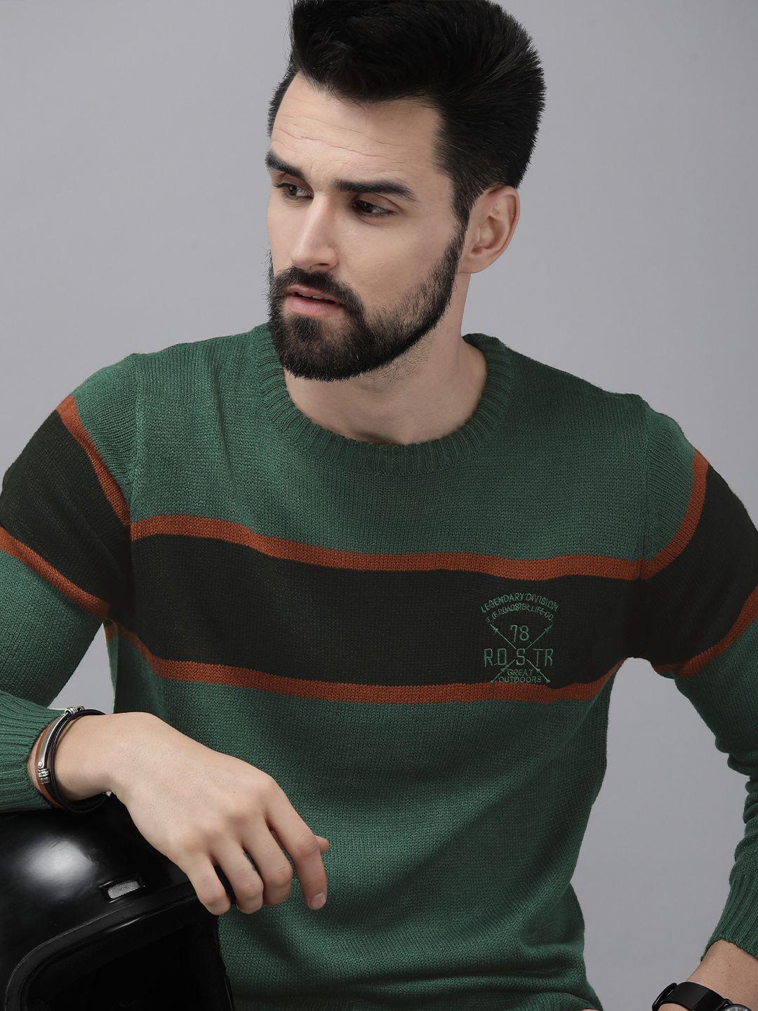 roadster men green & black colourblocked acrylic pullover with embroidered detail