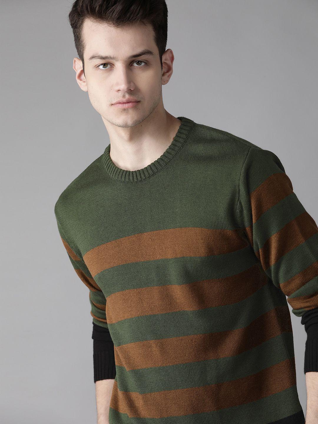 roadster men green & mustard brown striped pullover sweater