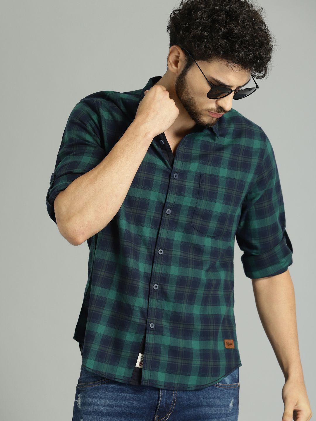 roadster men green & navy blue checked casual sustainable shirt