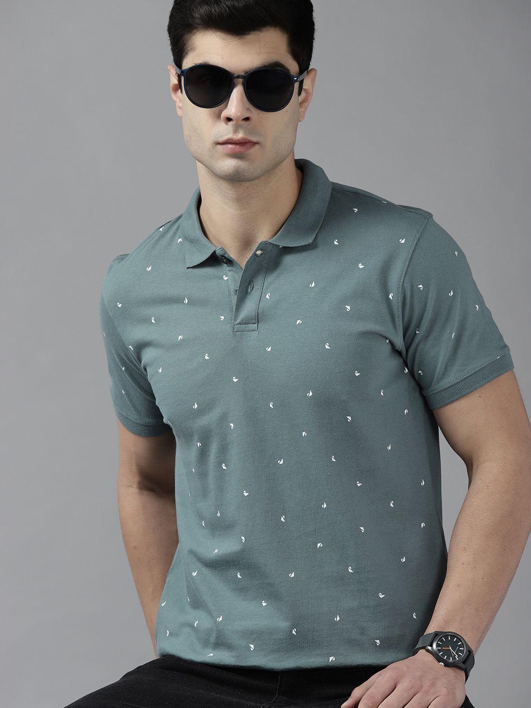 roadster men green & white printed polo collar pure cotton t-shirt