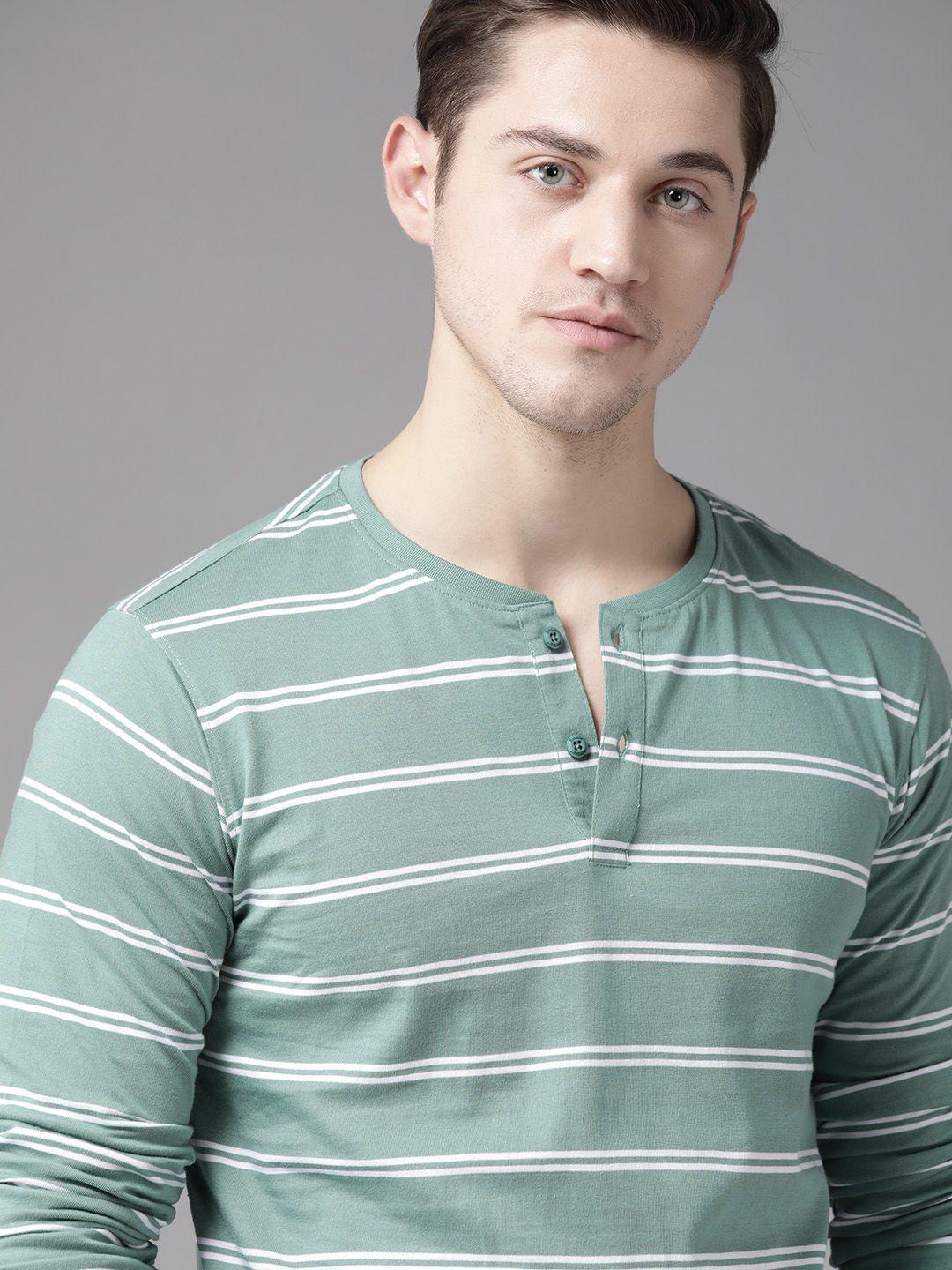 roadster men green & white pure cotton striped henley neck t-shirt