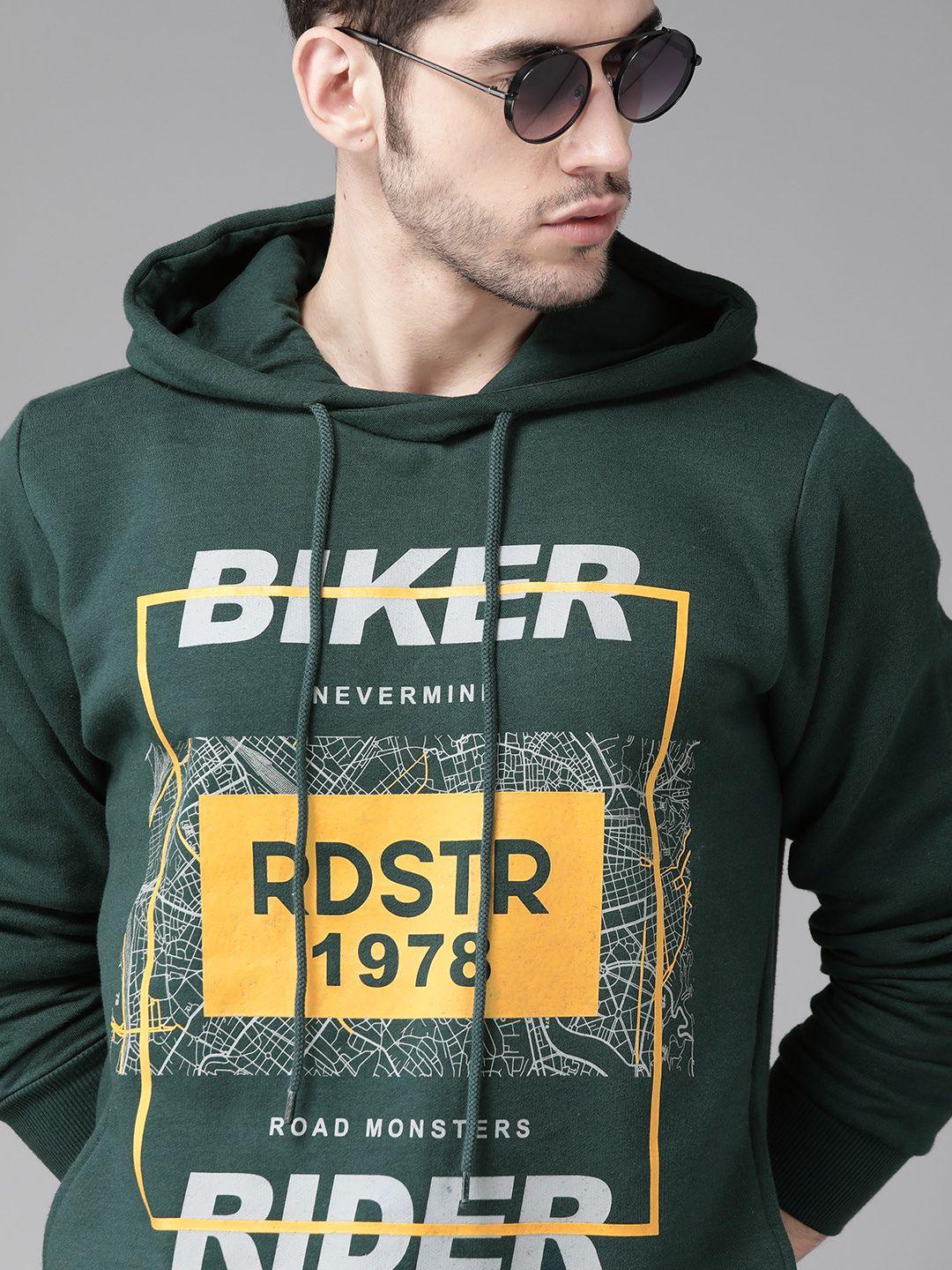 roadster men green & yellow brand logo print hooded sweatshirt