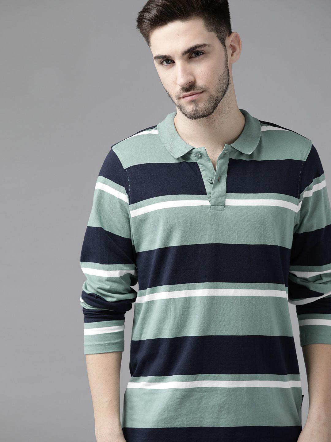 roadster men green  navy blue pure cotton striped polo collar pure cotton t-shirt