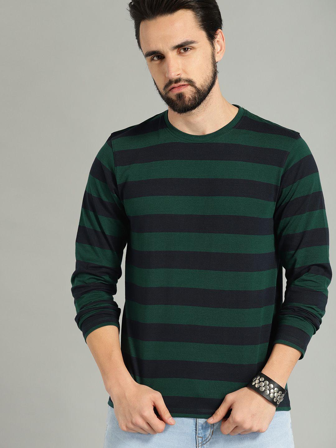 roadster men green  navy blue striped round neck pure cotton t-shirt