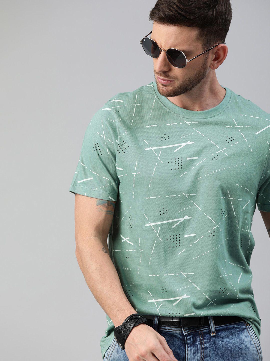 roadster men green  white printed round neck pure cotton t-shirt