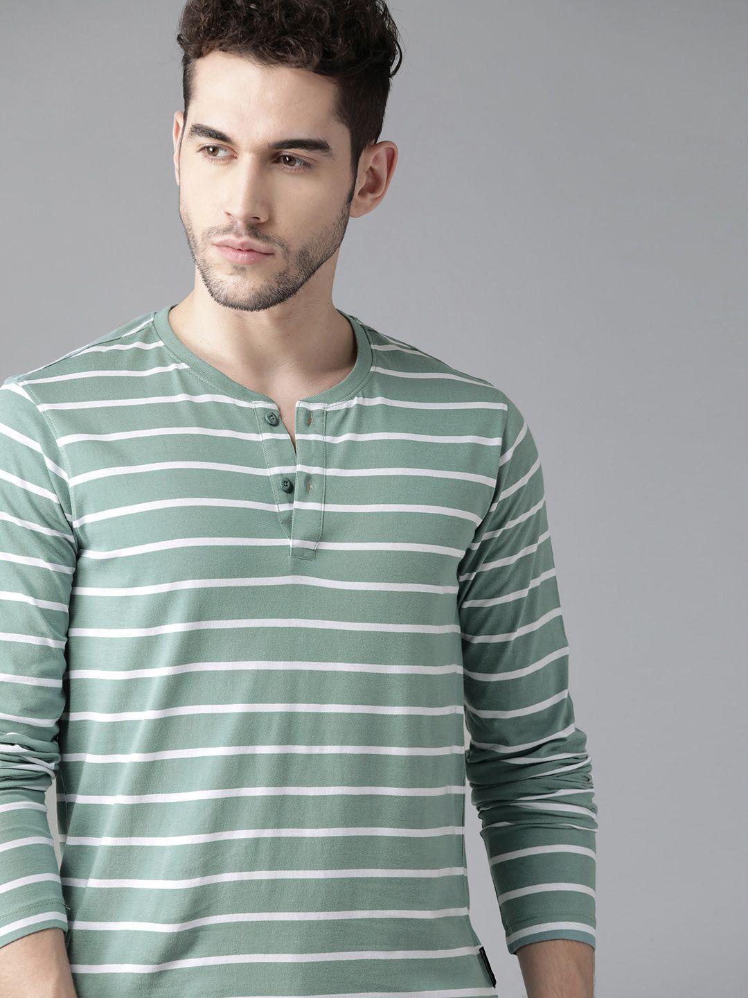 roadster men green  white striped pure cotton henley neck pure cotton t-shirt