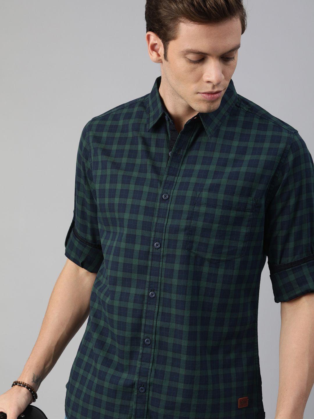 roadster men green nancy regular fit checked sustainable casual shirt