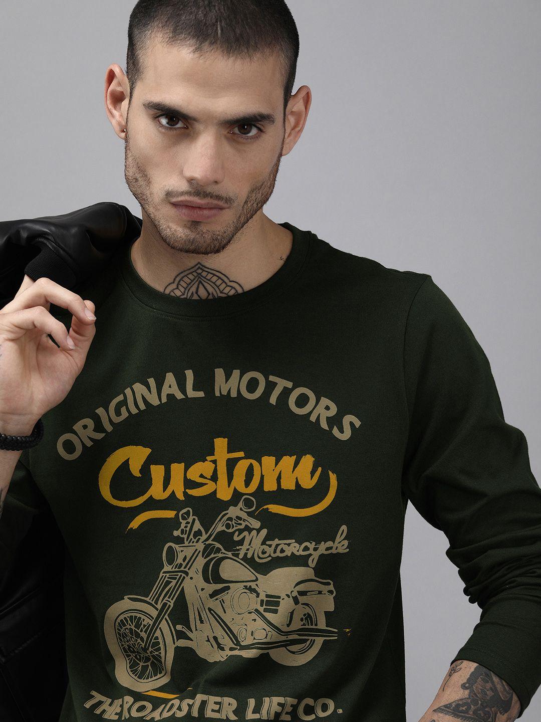 roadster men green printed pure cotton t-shirt