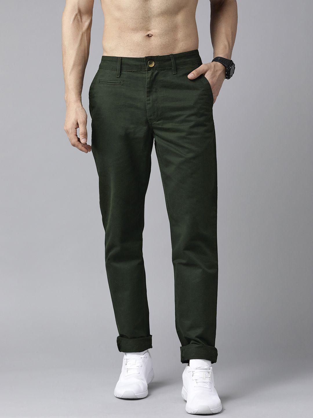 roadster men green pure cotton slim fit sustainable chinos trousers