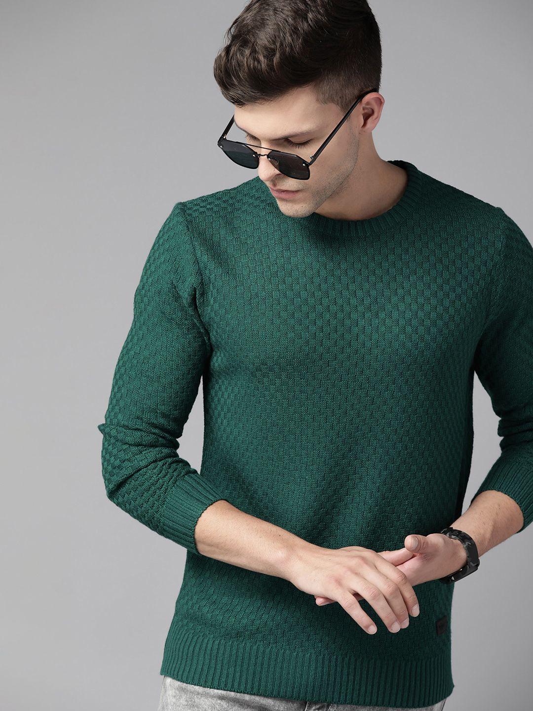 roadster men green self-checked pullover