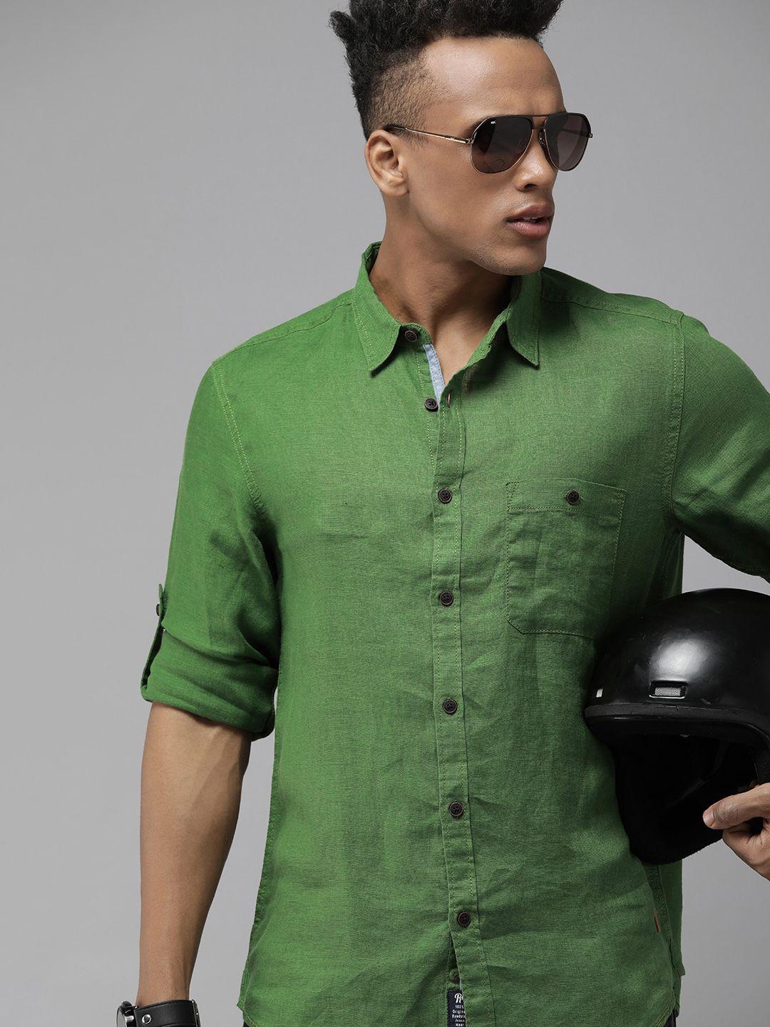 roadster men green solid linen casual shirt