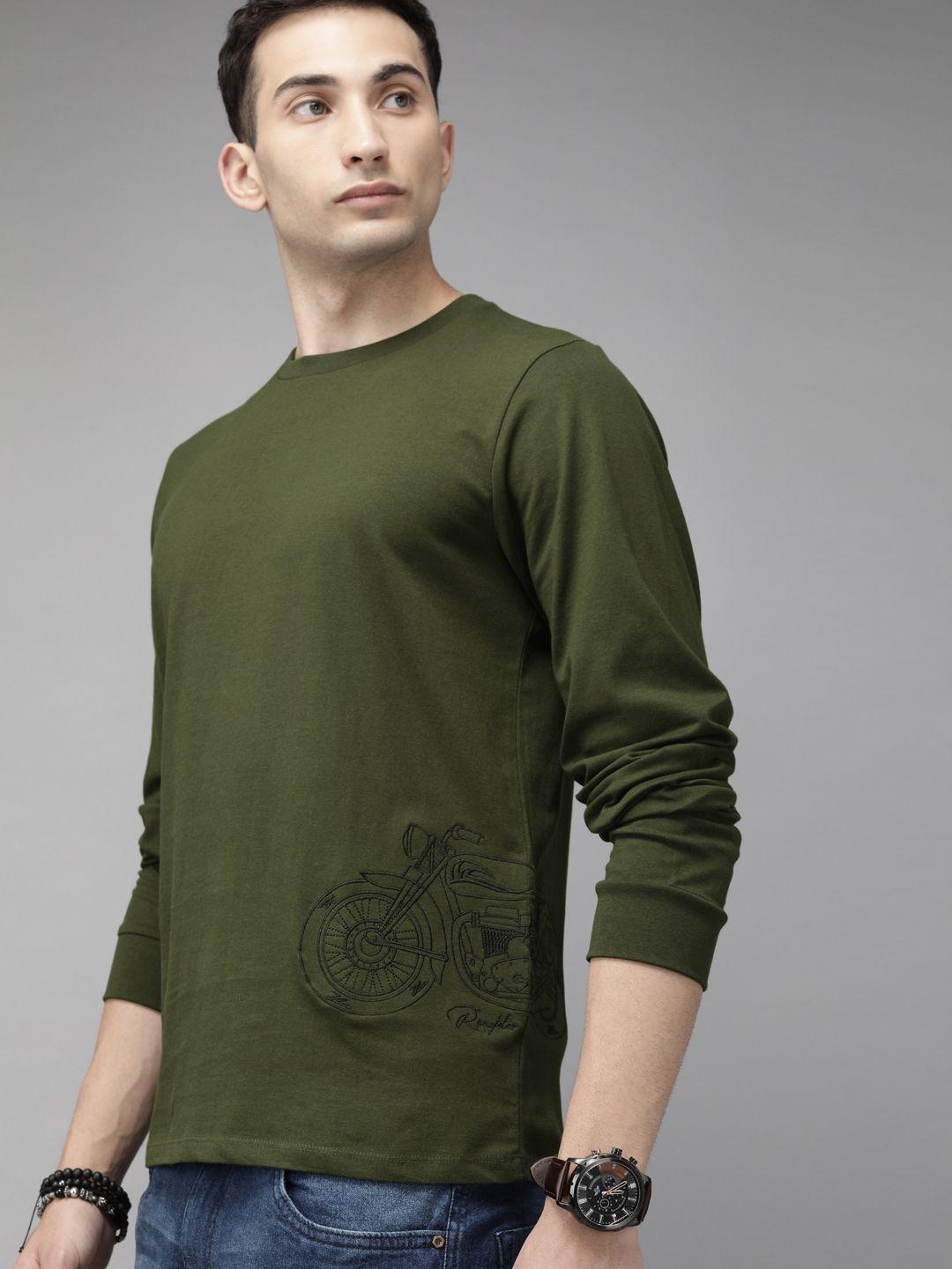 roadster men green solid round neck pure cotton t-shirt with brand logo applique detail