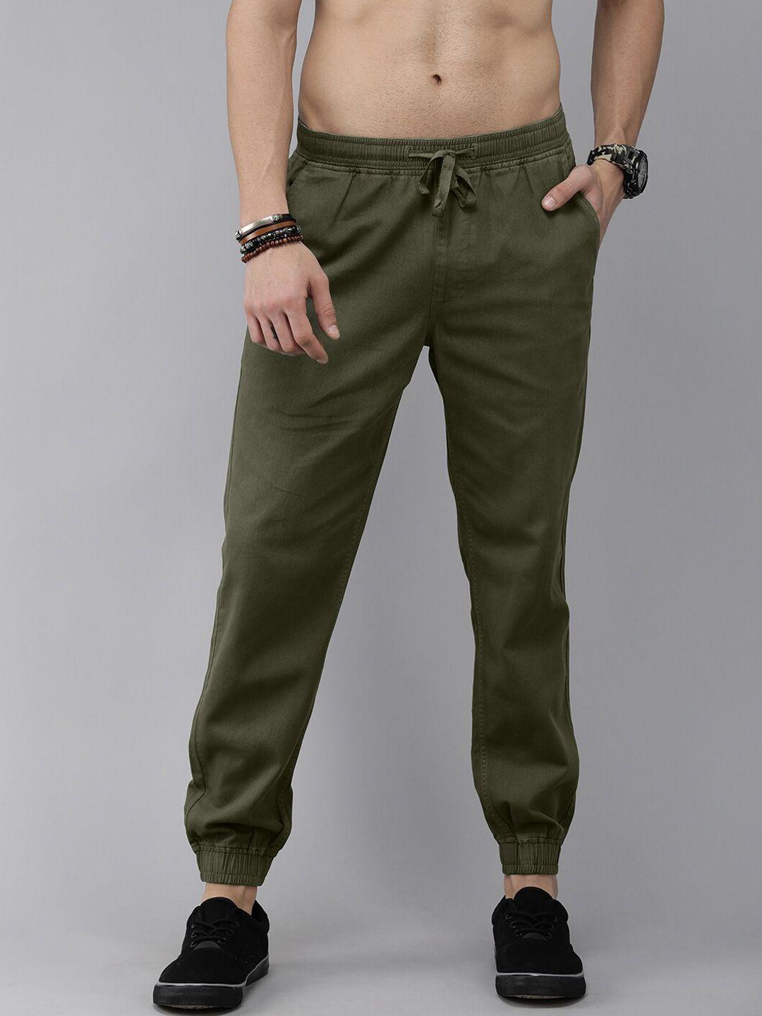 roadster men green solid slim-fit pure cotton joggers