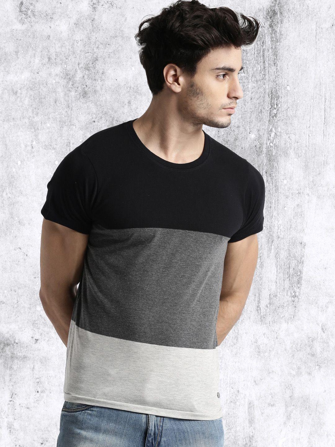 roadster men grey & black colourblocked round neck t-shirt