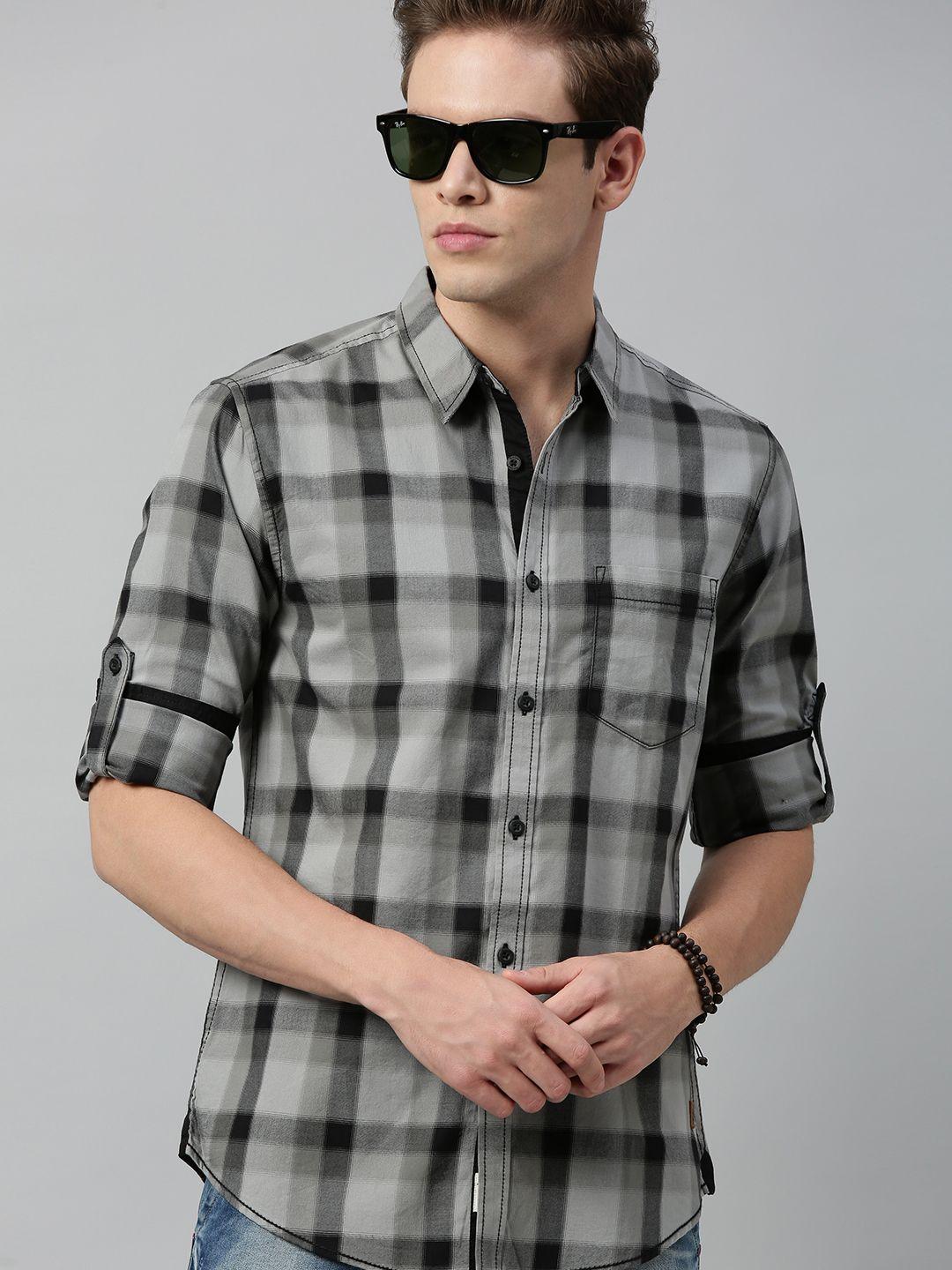 roadster men grey & black regular fit checked sustainable casual shirt