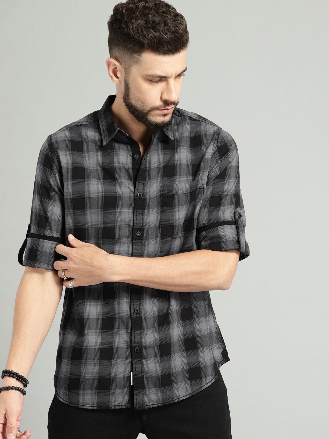 roadster men grey & black regular fit checked sustainable casual shirt