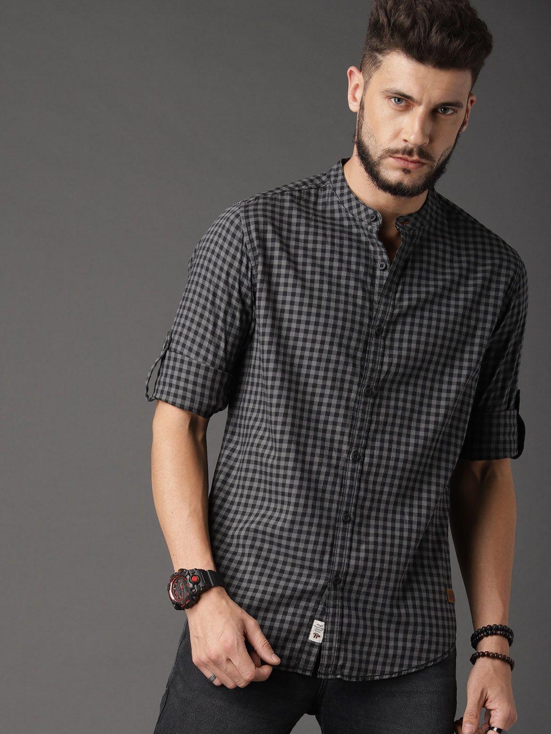 roadster men grey & black regular fit micro summer check casual sustainable shirt