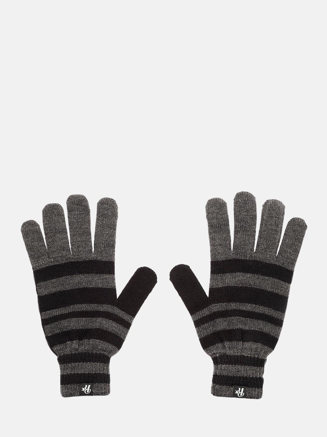 roadster men grey & black striped winter hand gloves
