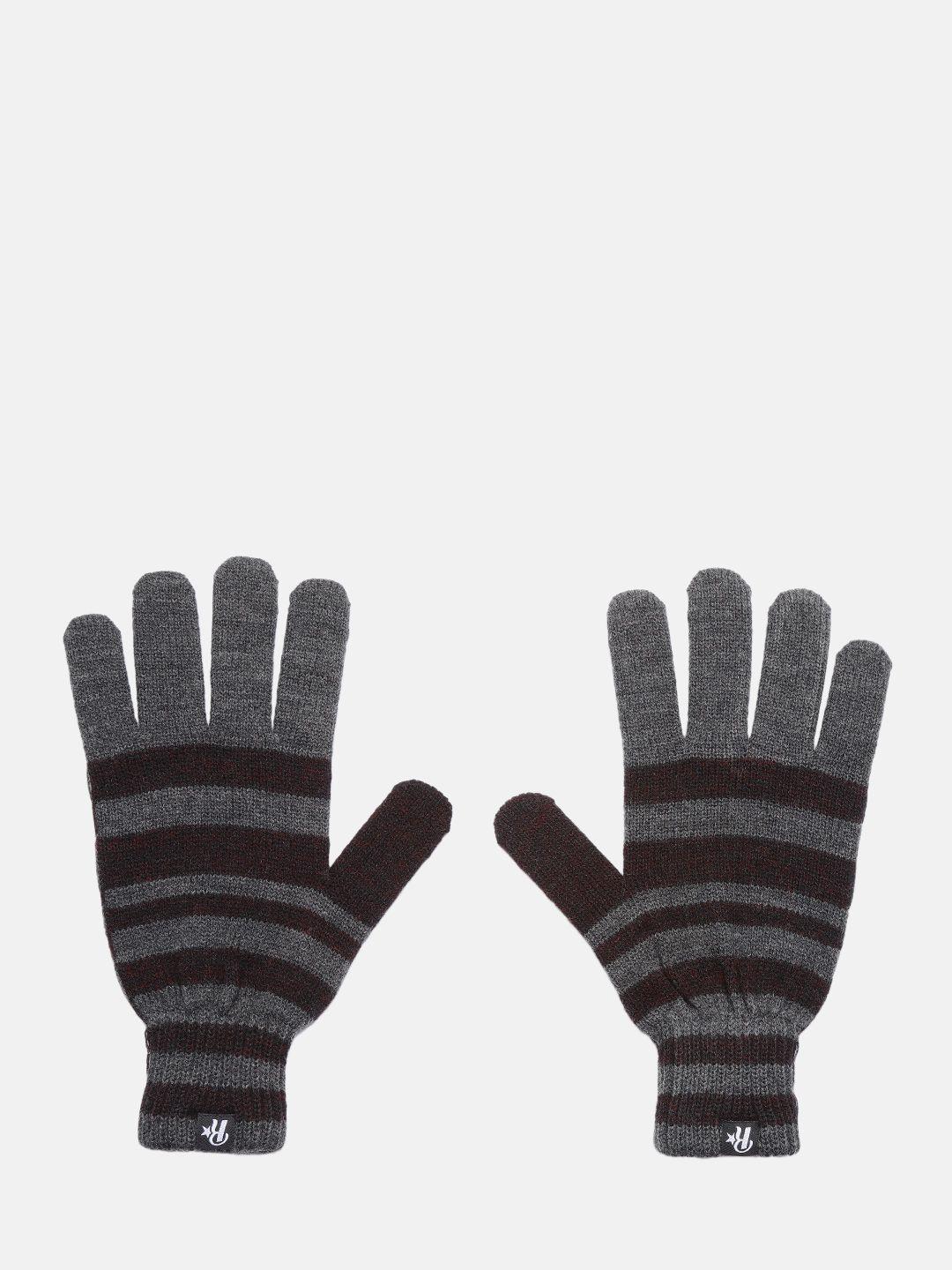 roadster men grey & black striped winter hand gloves