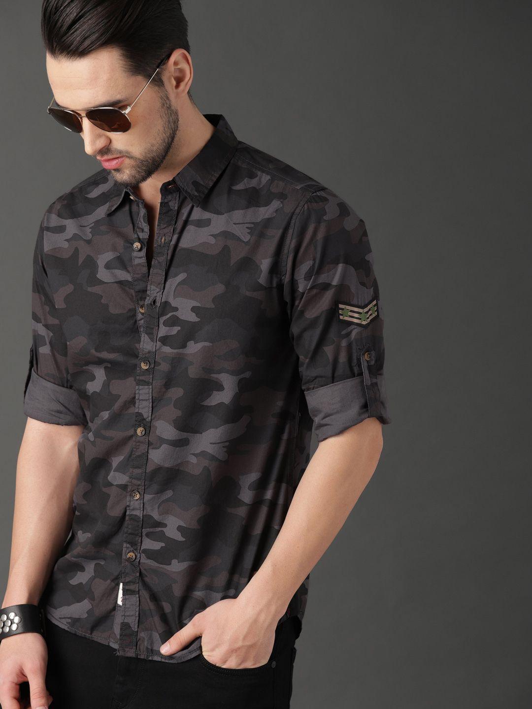 roadster men grey & olive green camouflage printed casual sustainable shirt