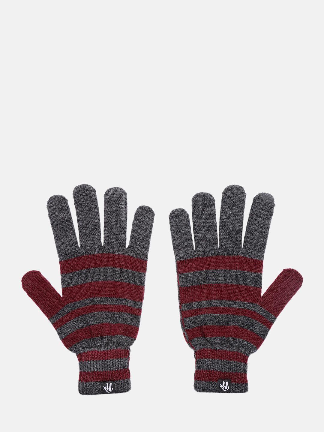 roadster men grey & red striped winter hand gloves