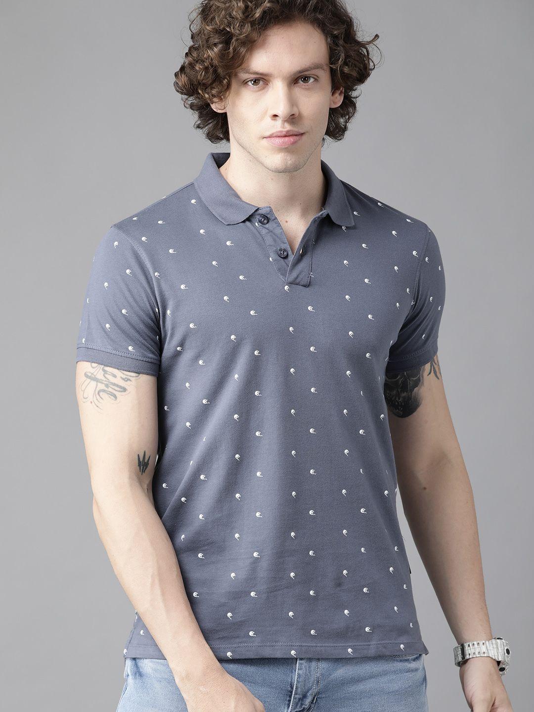 roadster men grey & white pure cotton printed polo collar t-shirt