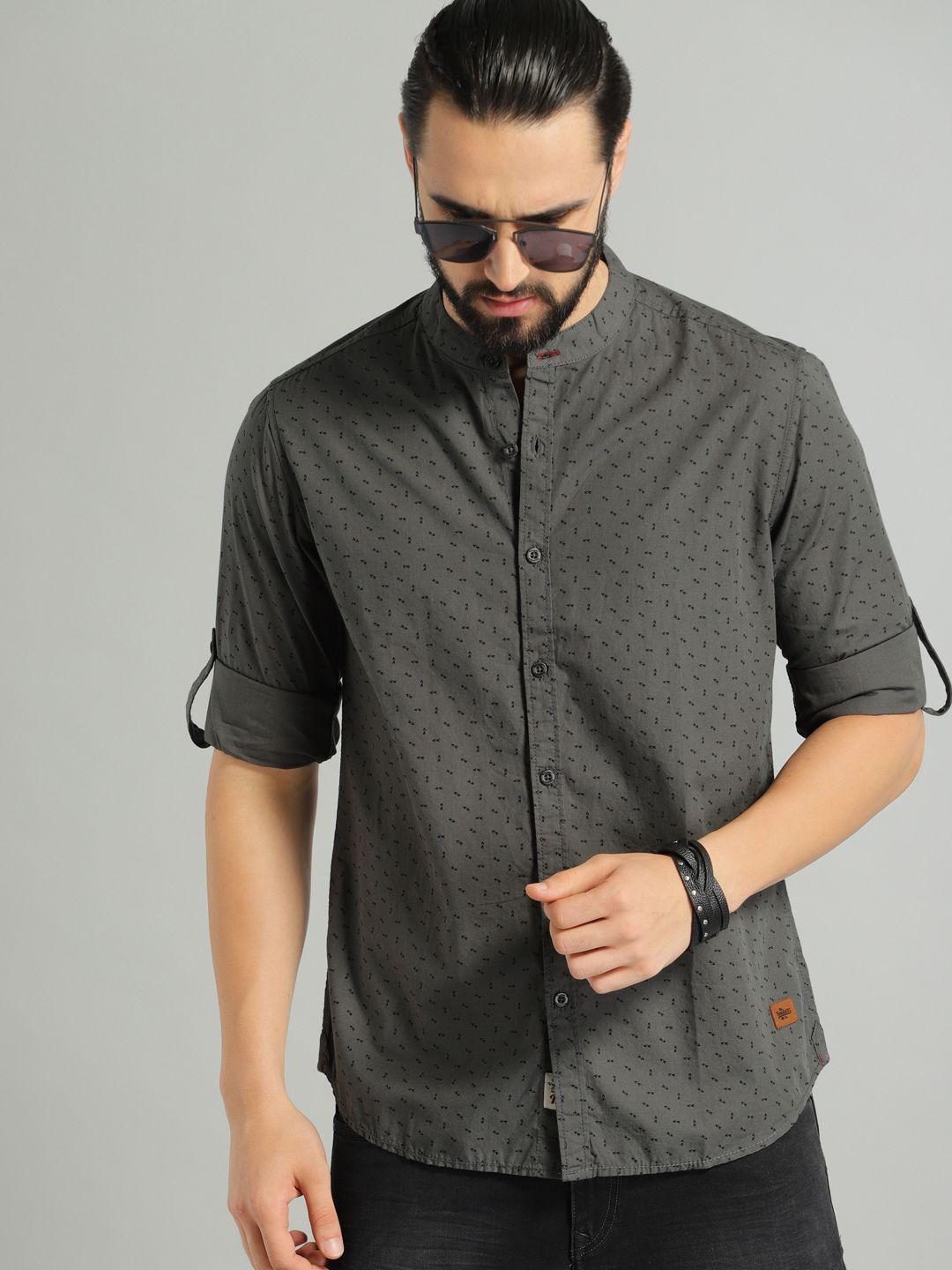 roadster men grey  black regular fit printed sustainable casual shirt