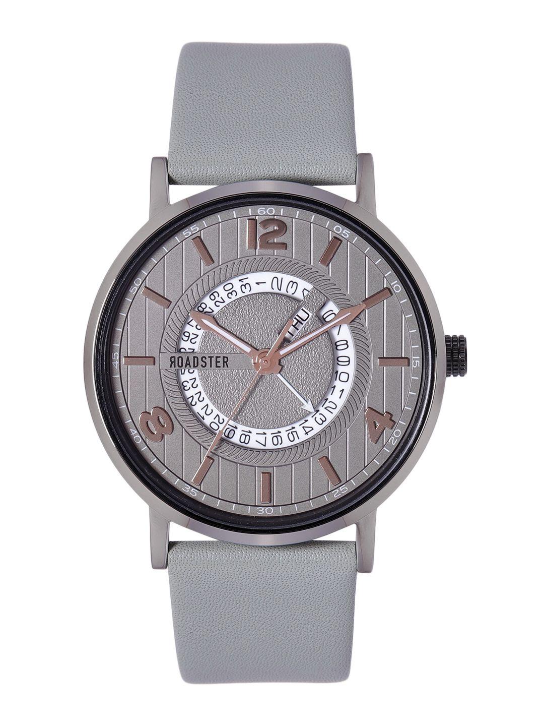 roadster men grey brass embellished dial & grey leather straps analogue watch