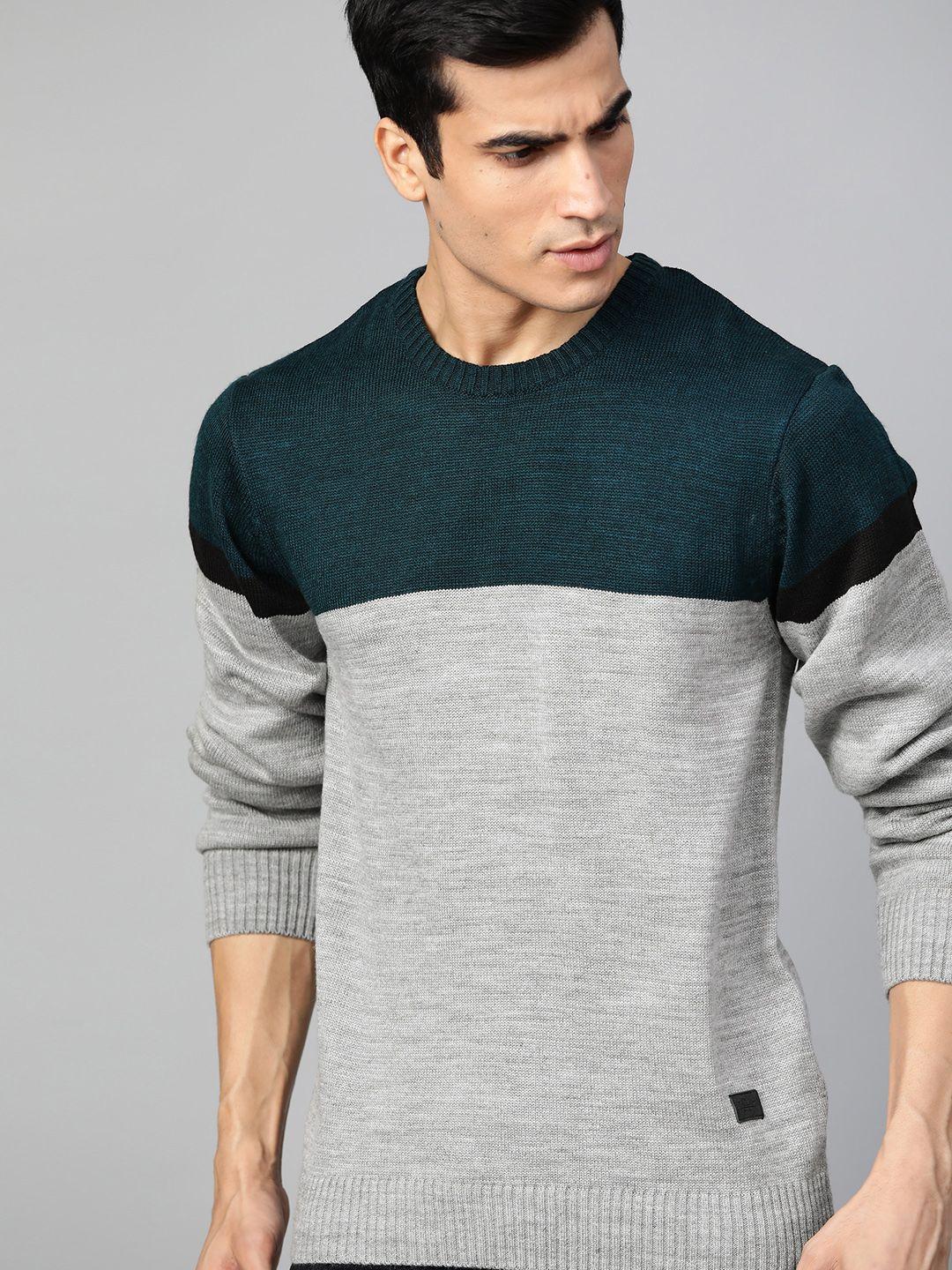 roadster men grey melange & green colourblocked pullover sweater