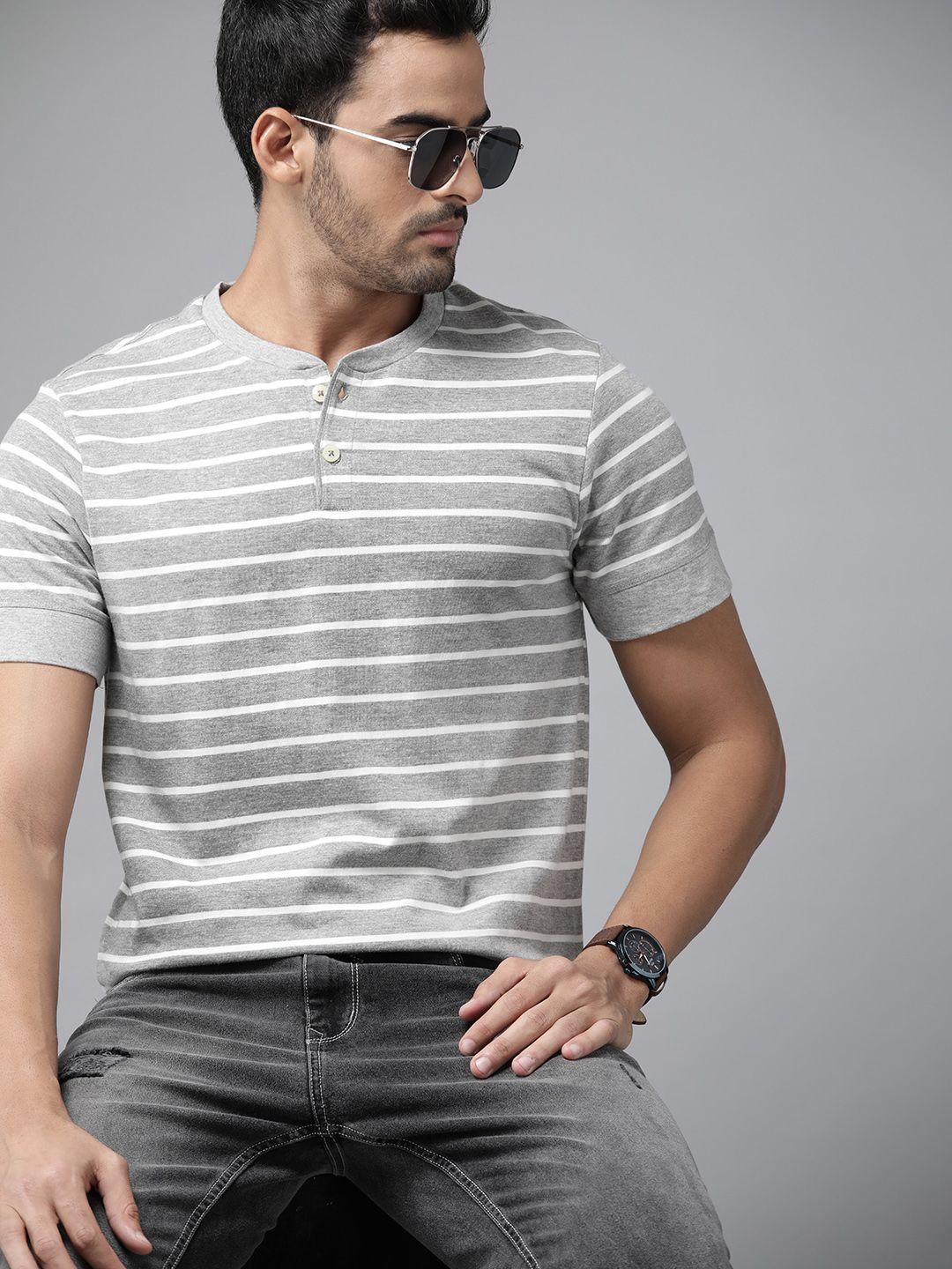 roadster men grey melange & white striped pure cotton t-shirt