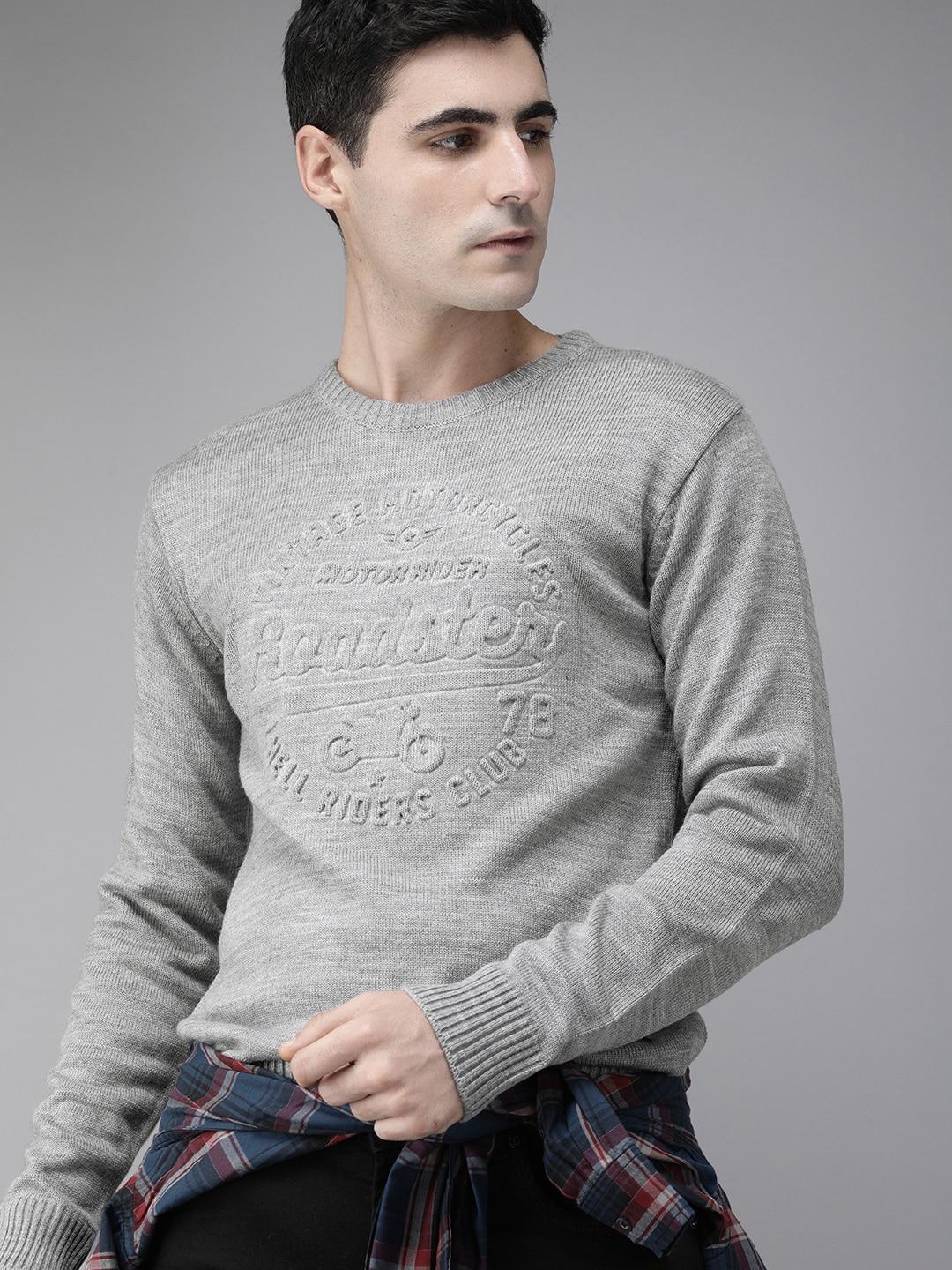 roadster men grey melange self design pullover sweater