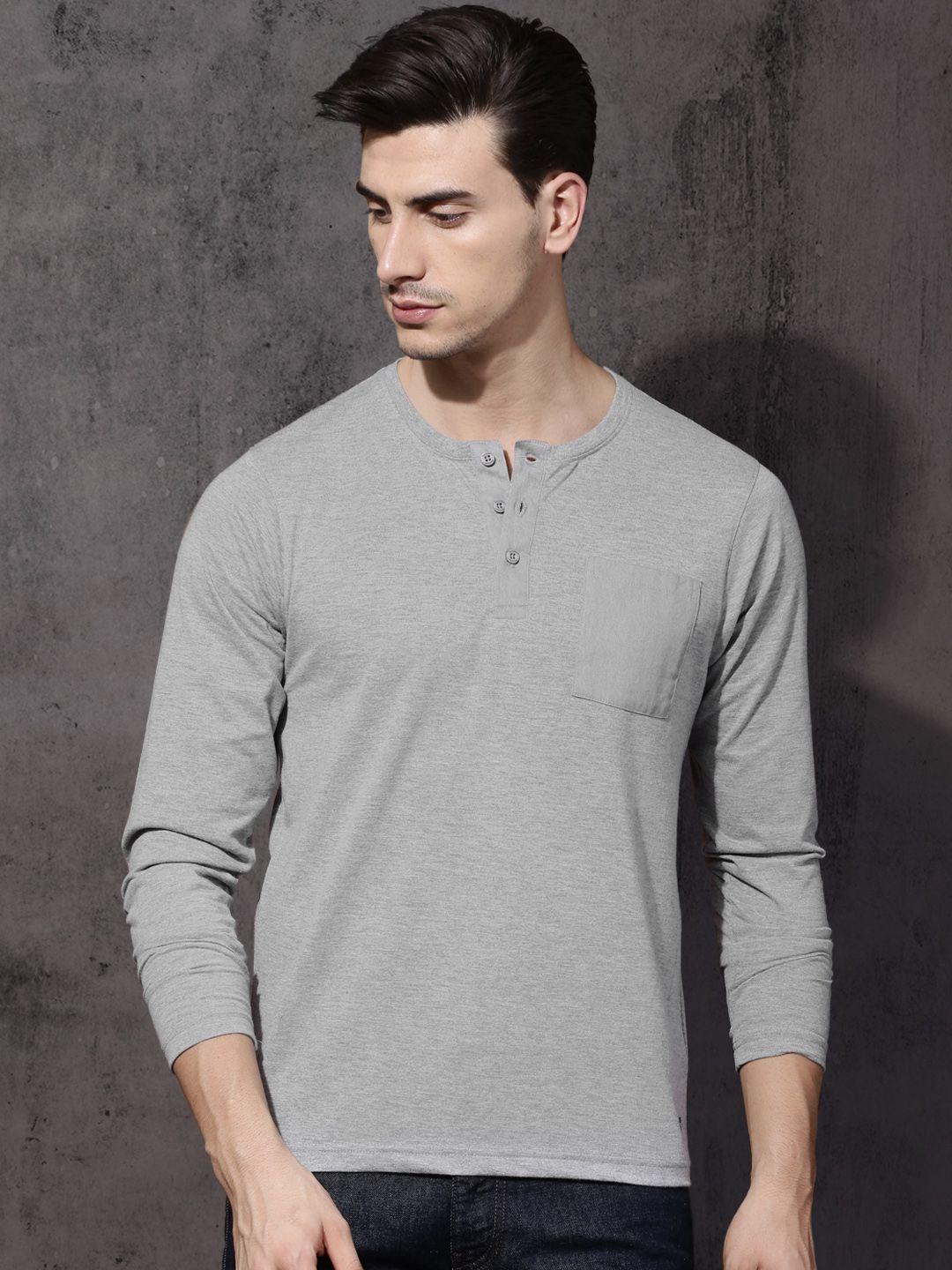 roadster men grey melange solid henley neck t-shirt