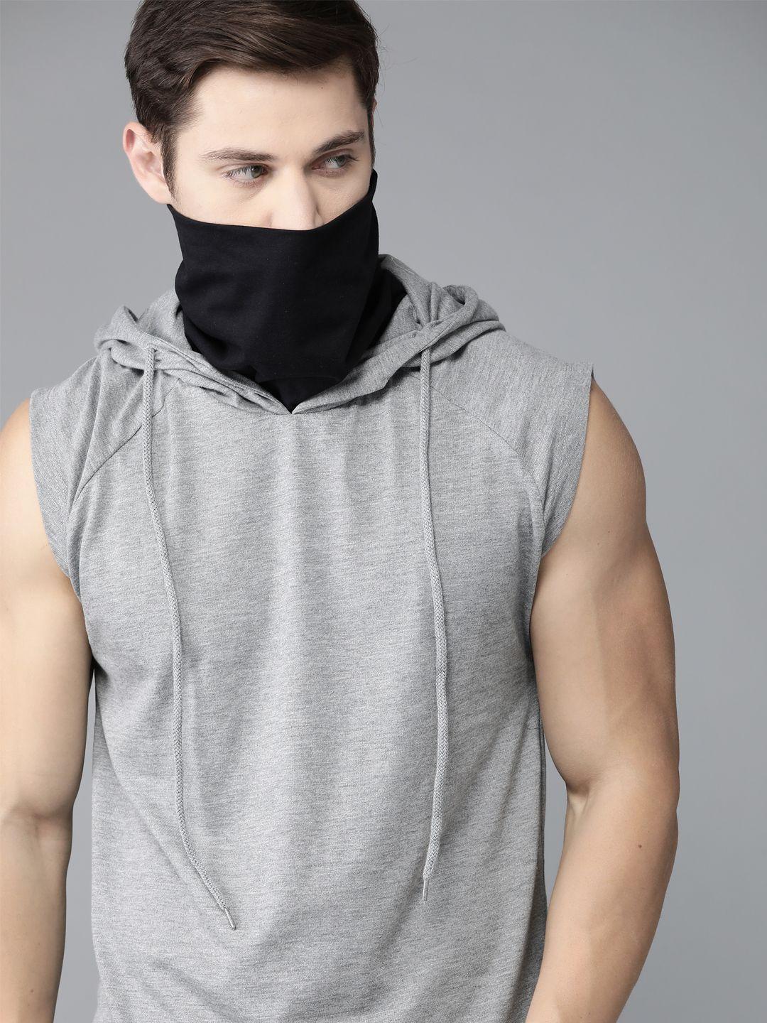 roadster men grey melange solid hooded t-shirt with in-built hood