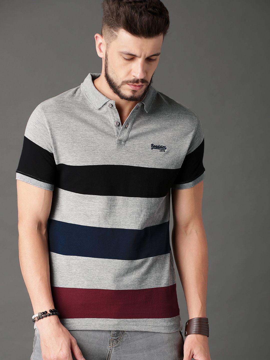 roadster men grey melange striped polo collar pure cotton t-shirt