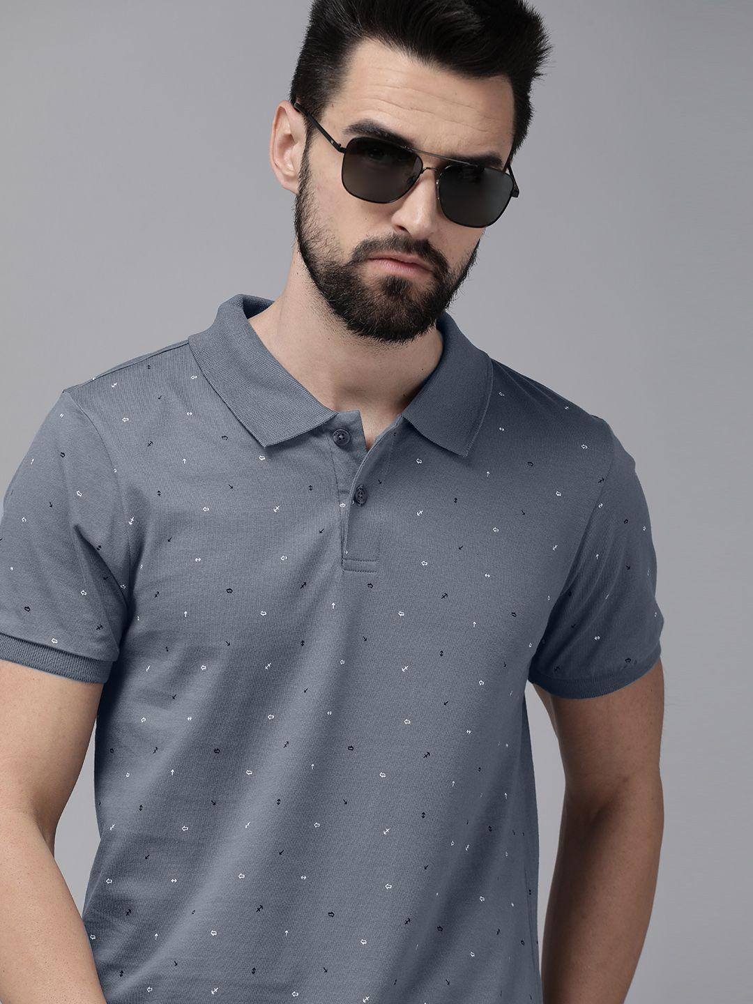 roadster men grey printed polo collar pure cotton t-shirt