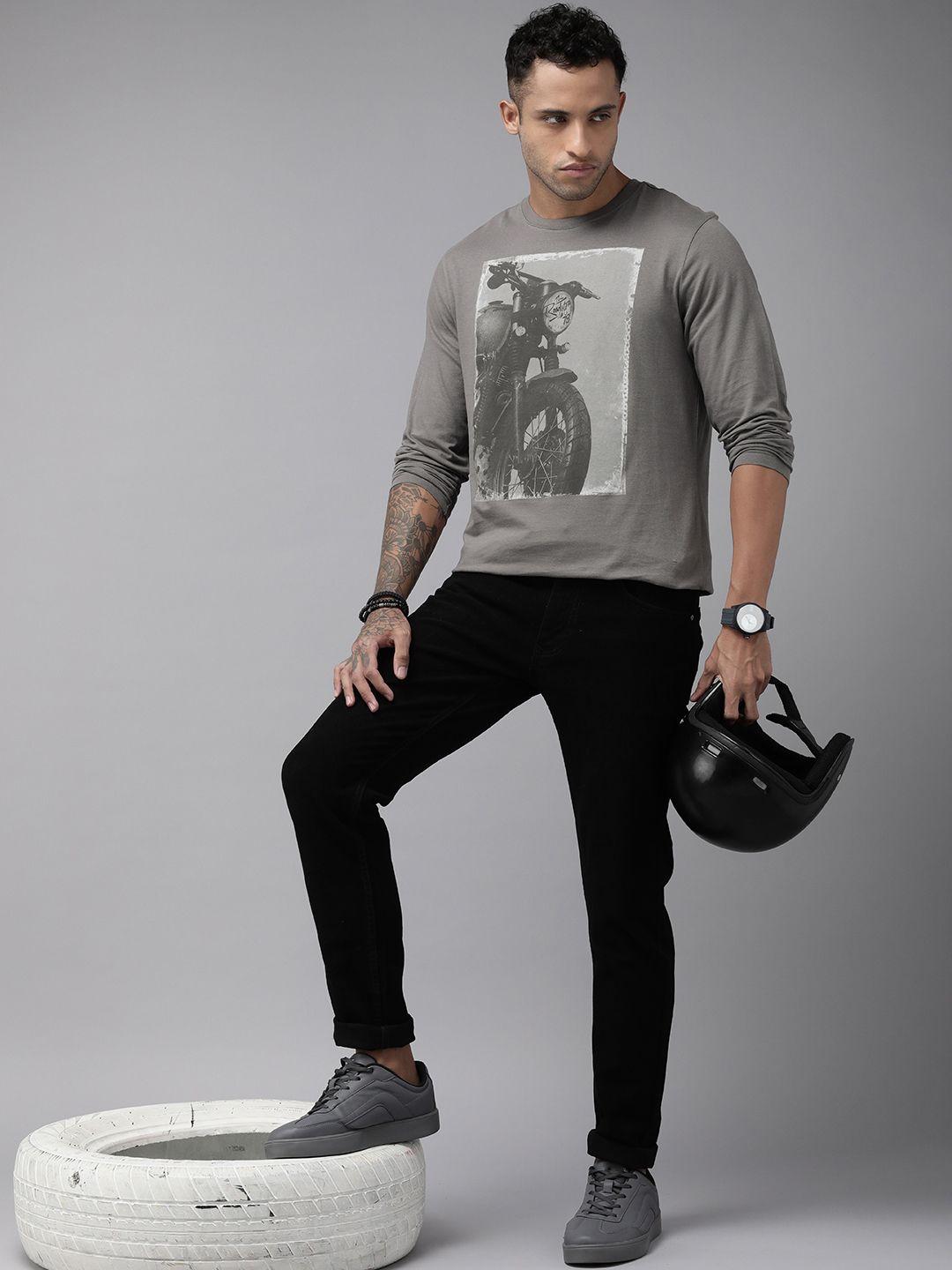 roadster men grey printed pure cotton t-shirt