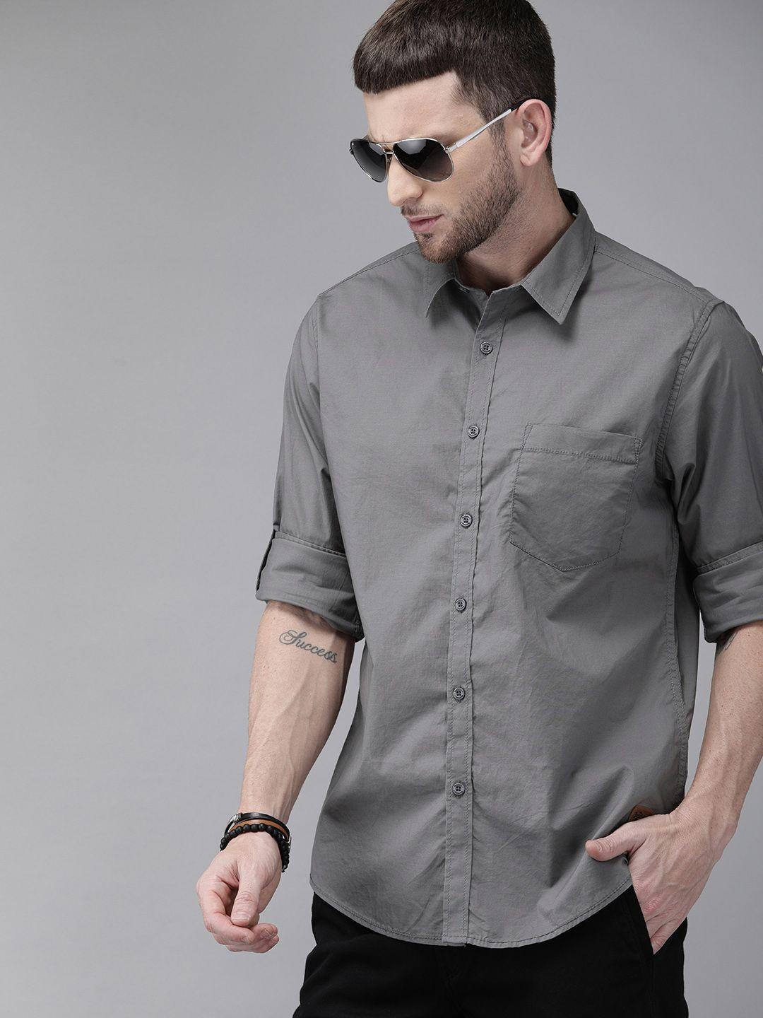 roadster men grey regular fit solid casual sustainable shirt