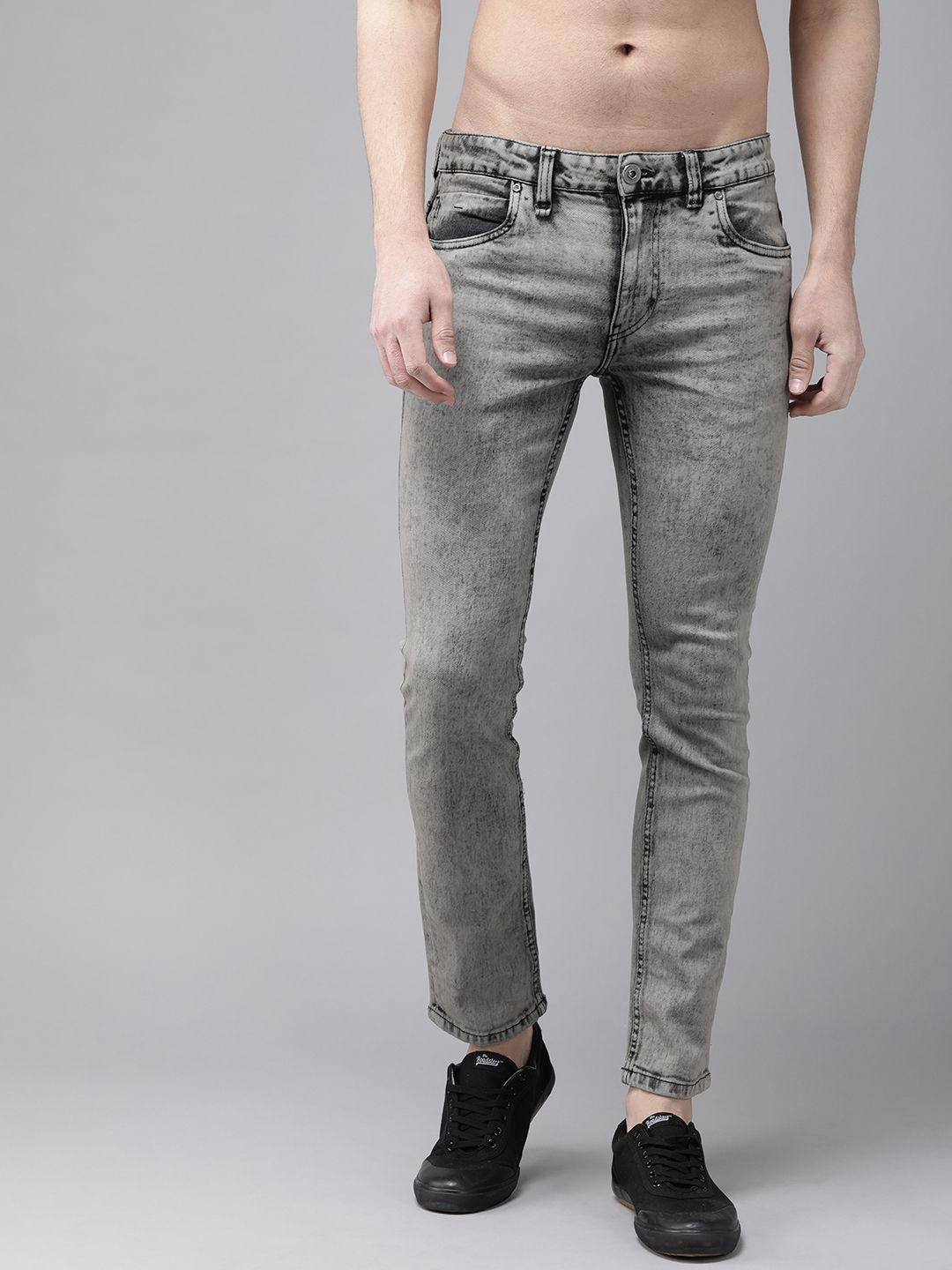 roadster men grey skinny fit mid-rise clean look acid wash stretchable jeans