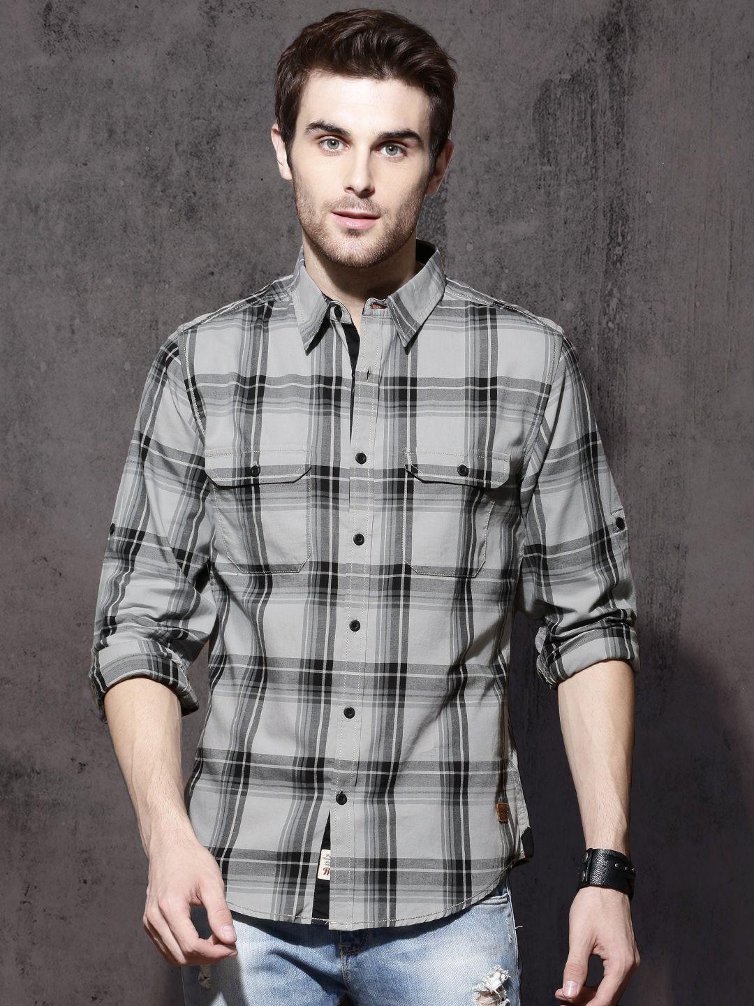 roadster men grey slim fit checked casual shirt