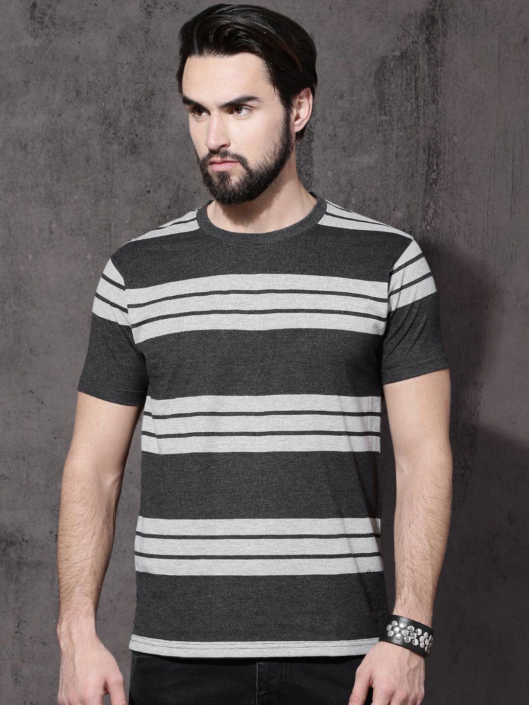 roadster men grey striped round neck t-shirt