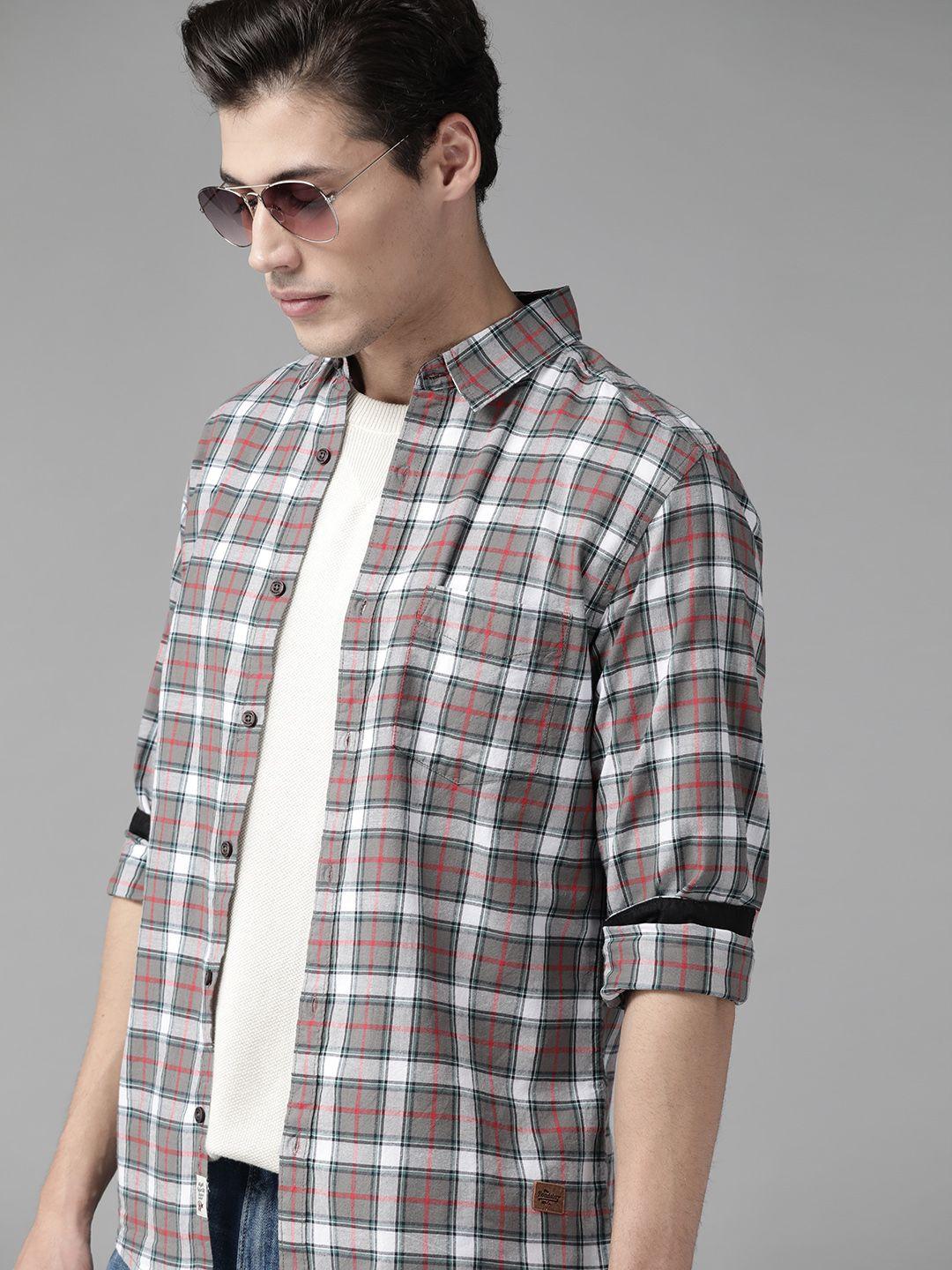 roadster men grey tartan checked pure cotton sustainable casual shirt