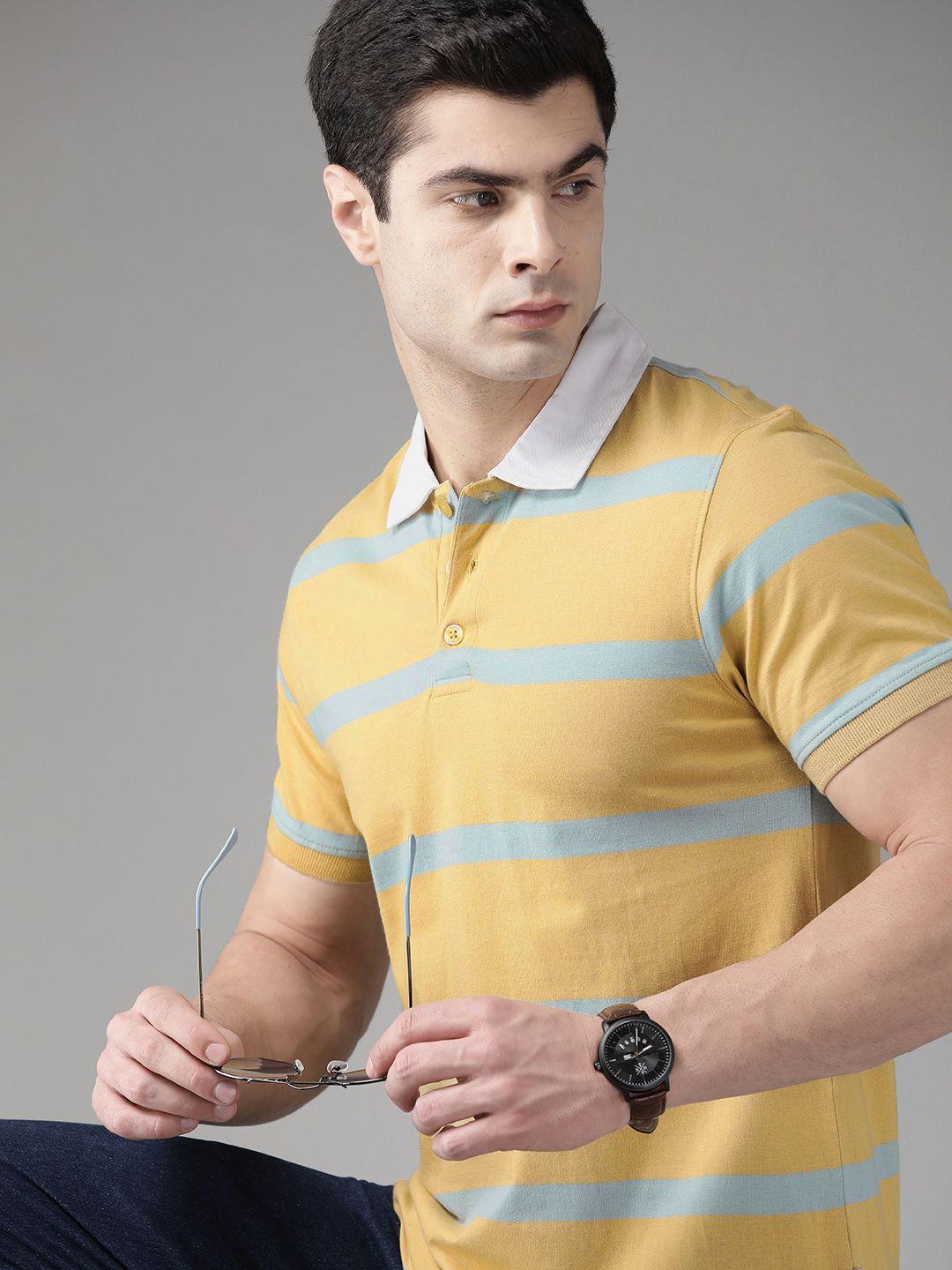 roadster men khaki & blue striped polo collar pure cotton t-shirt