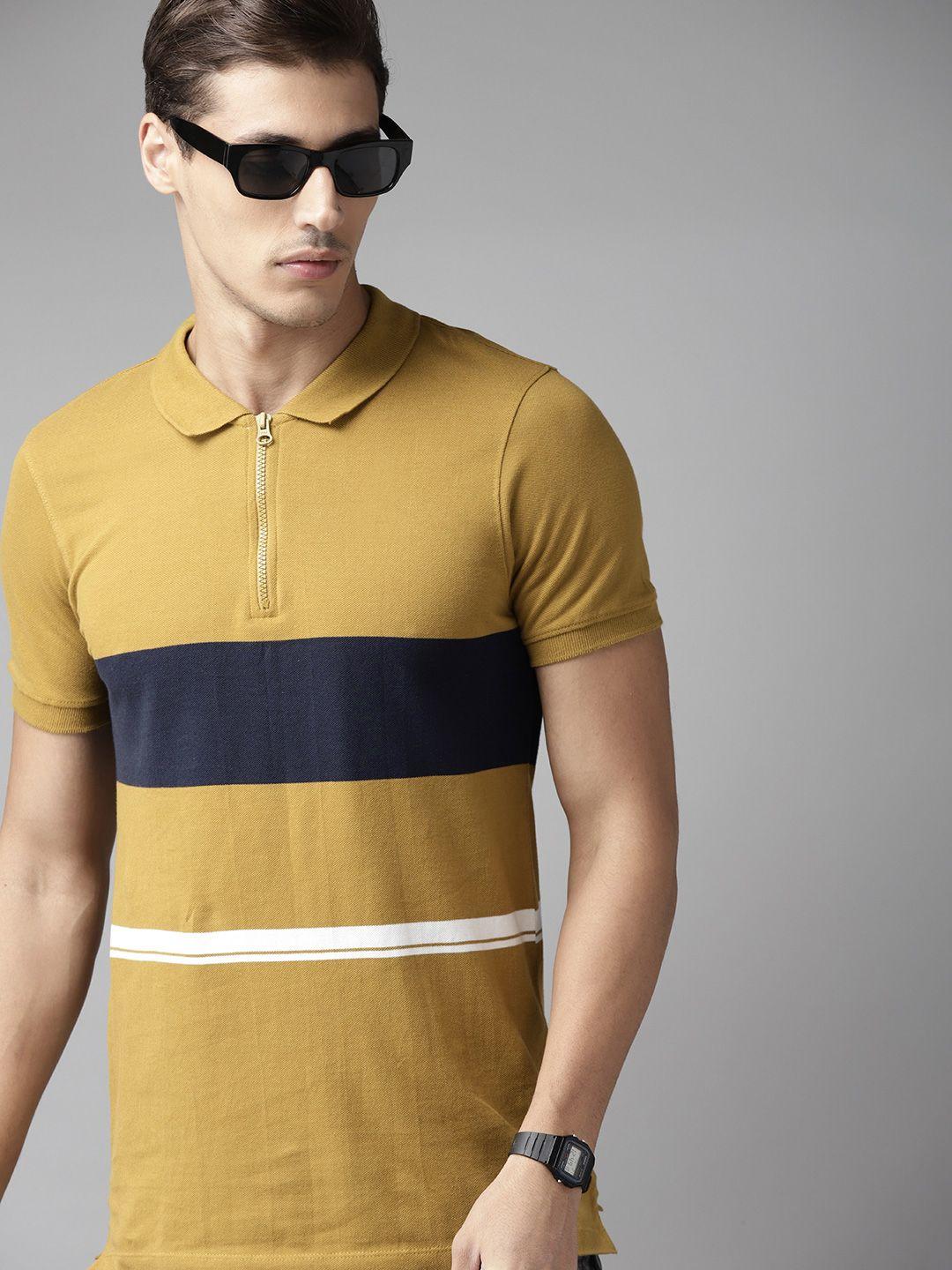 roadster men khaki & navy blue striped polo collar cotton t-shirt