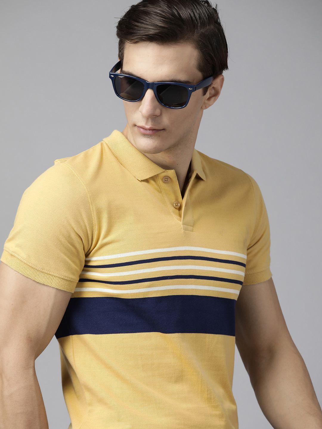 roadster men khaki & navy blue striped polo collar pure cotton t-shirt