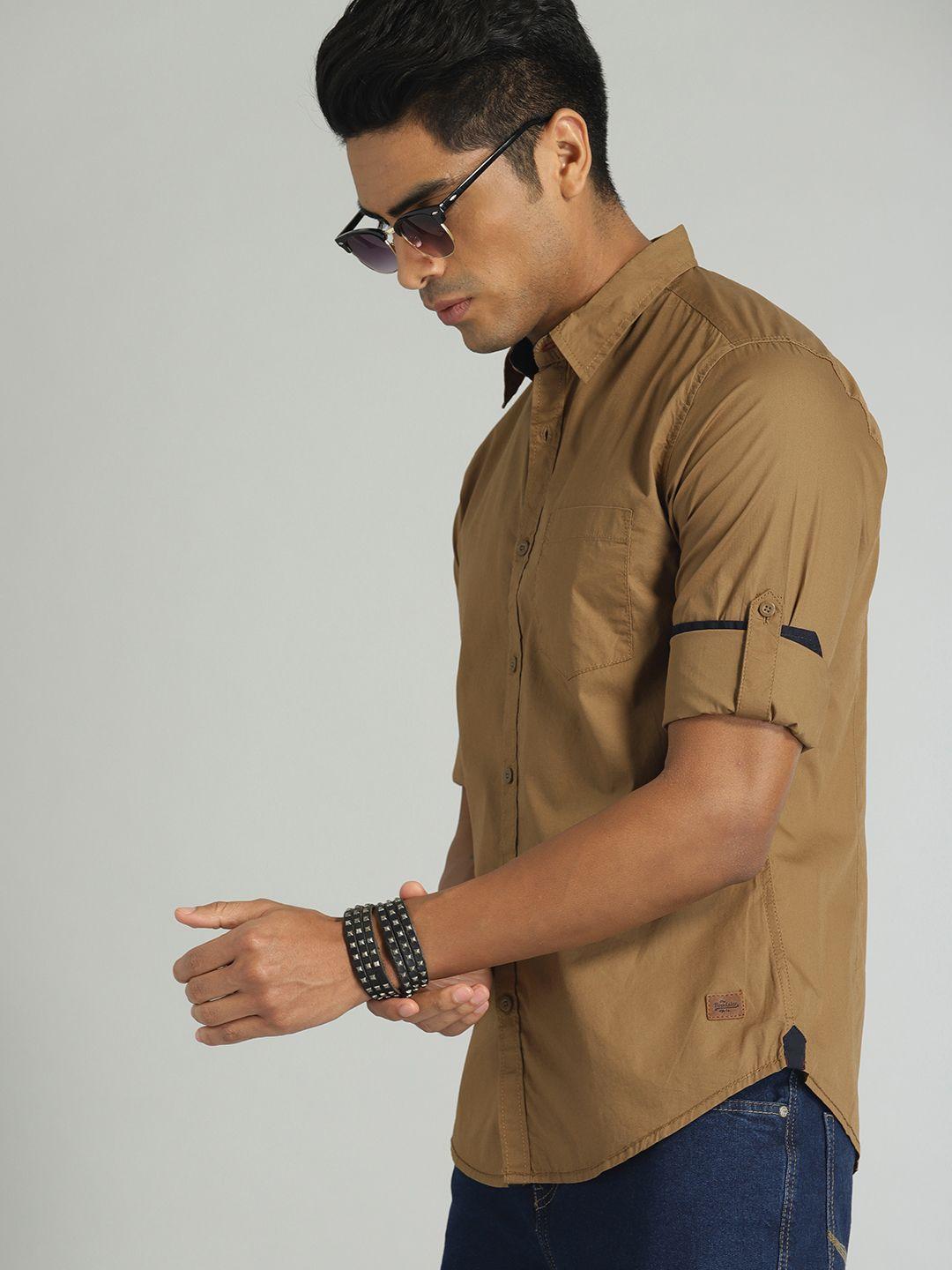 roadster men khaki regular fit solid sustainable casual shirt