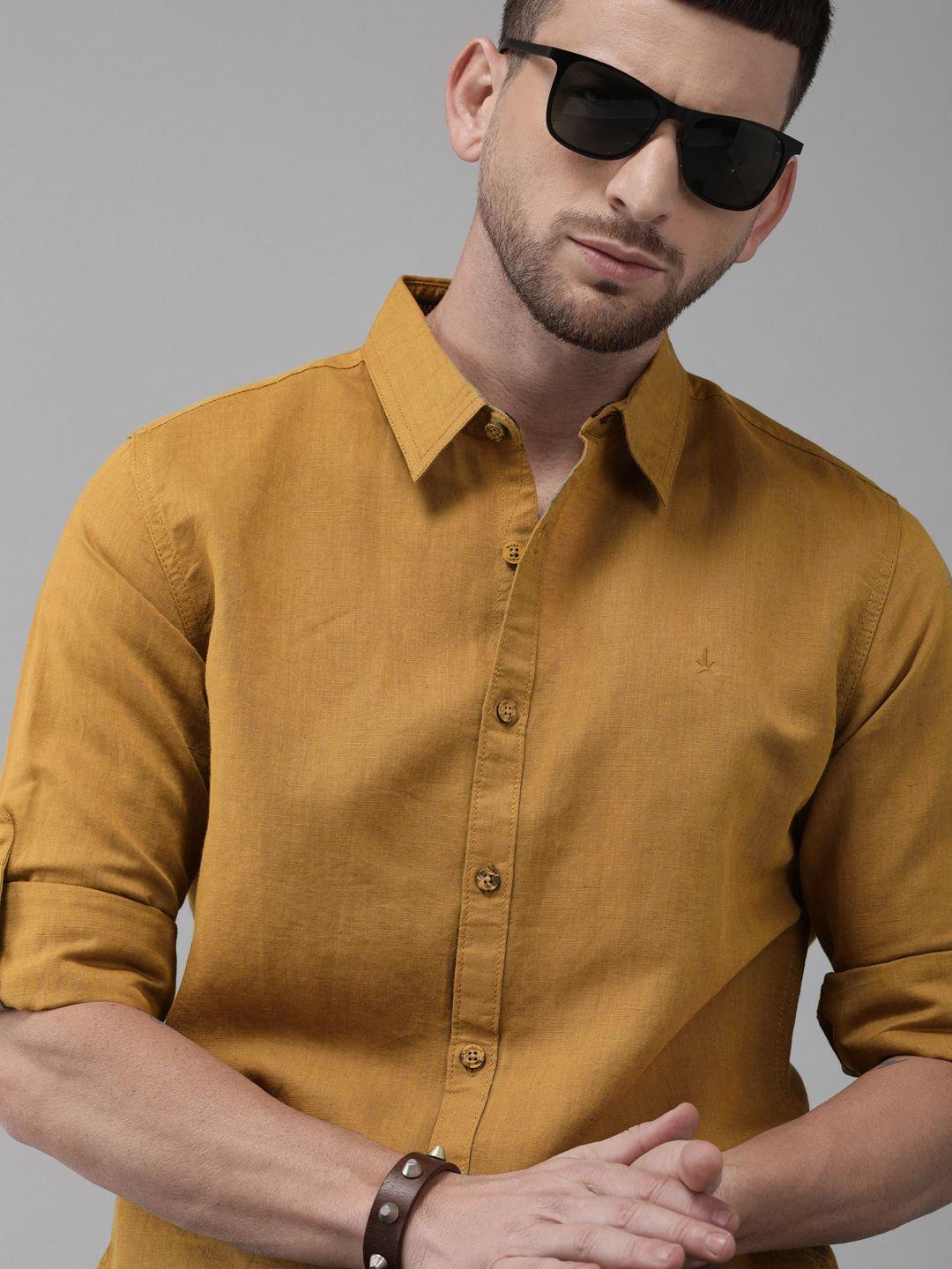 roadster men khaki solid linen regular fit sustainable casual shirt