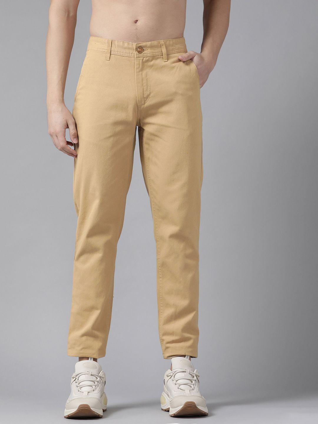 roadster men khaki solid pure cotton chinos