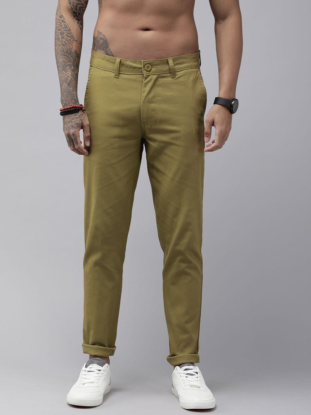 roadster men light green straight fit solid trousers