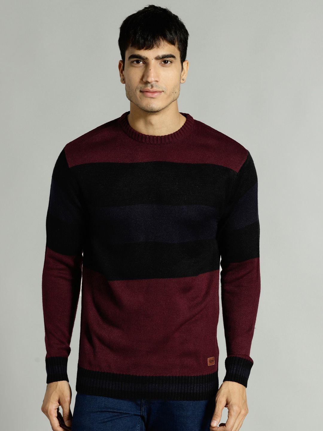 roadster men maroon & black colourblocked pullover