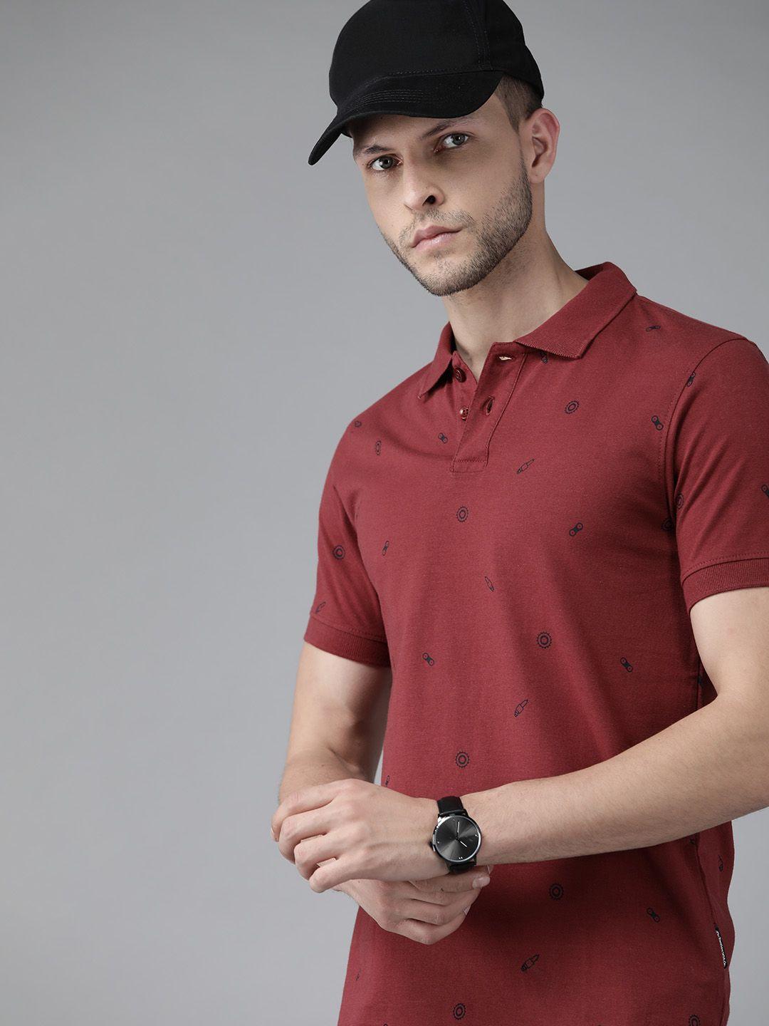 roadster men maroon & black conversational print polo collar pure cotton t-shirt